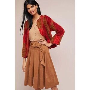 Akemi + Kin Anthropologie Faux Suede Pleated Midi Skirt Brown Belted Size 4